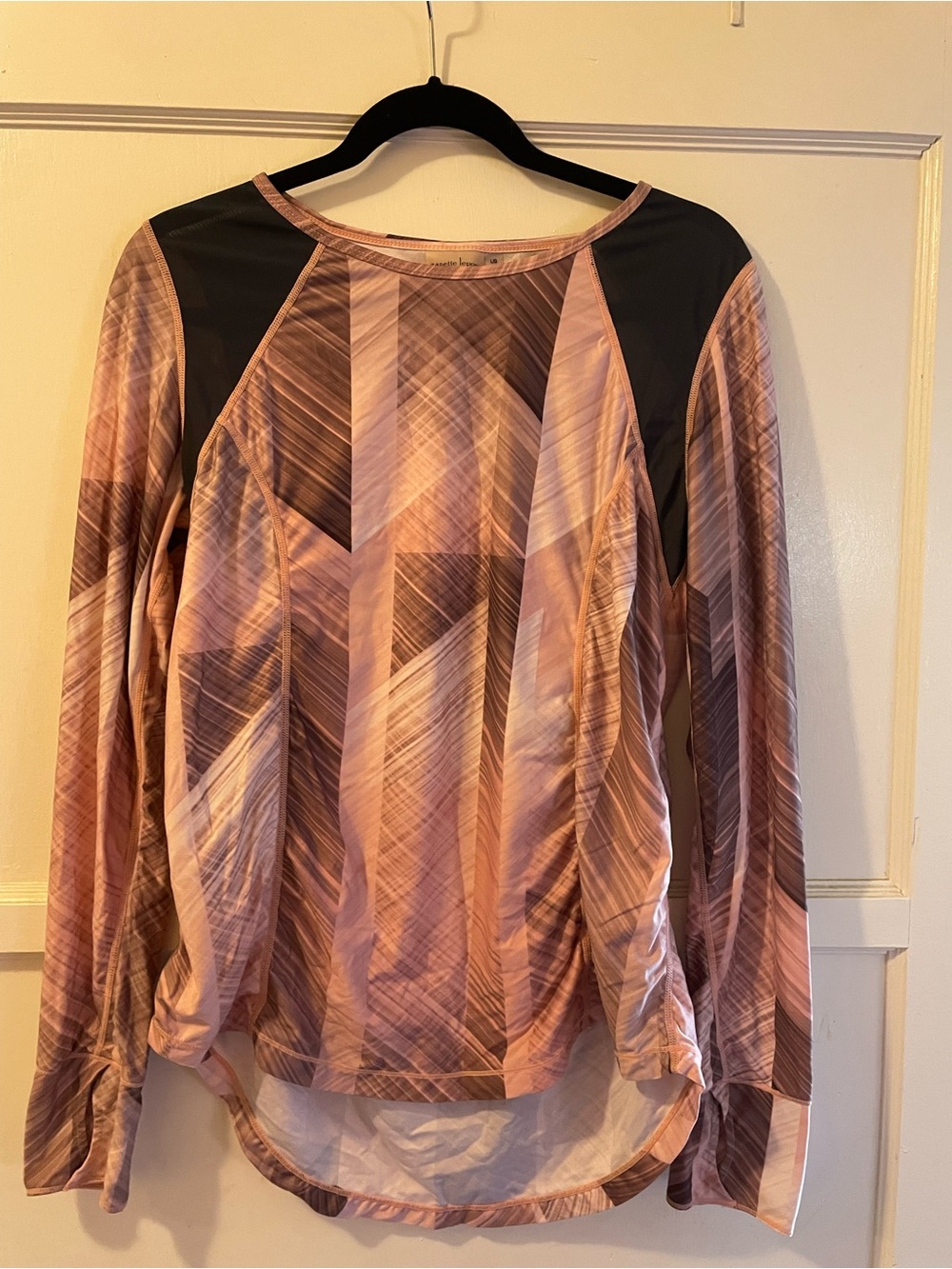 Nanette Lepore Pink Geometric Long Sleeve Top with Black sheee Shoulder Panels